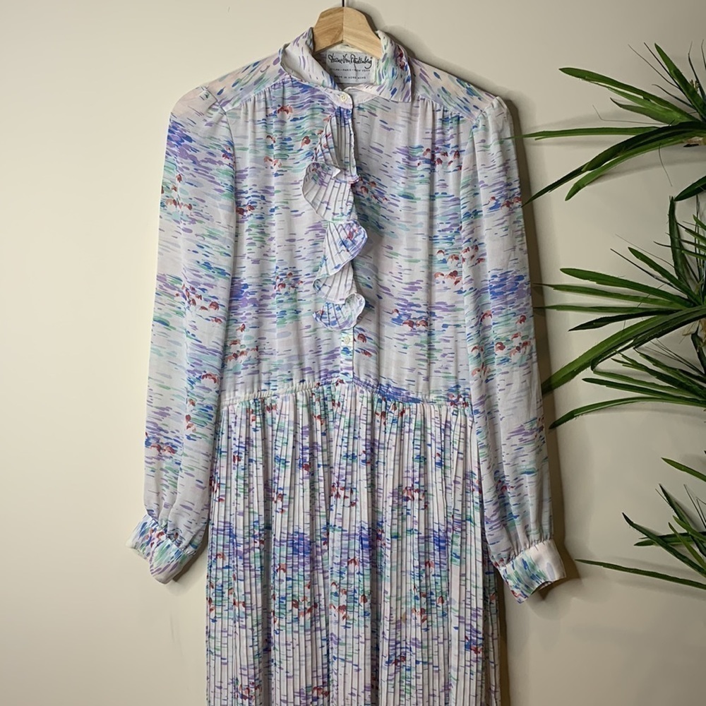 Diane Von Furstenberg | Vintage Watercolor Floral Pleated Cascade Ruffle Dress 4 - Picture 6 of 17